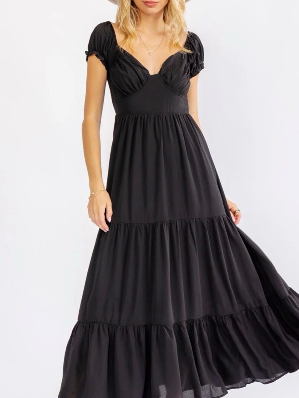 A696. Black Tiered Maxi Dress with Sweetheart Neckline - Picture 3 of 6